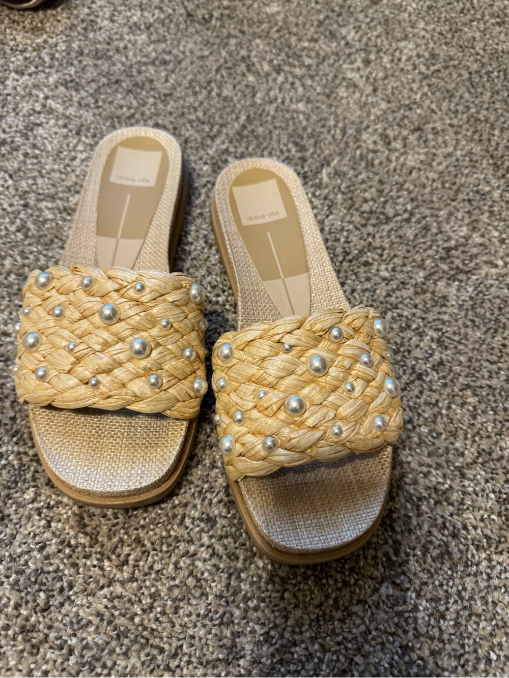 Dolce Vita Tan Braided Slide Sandals with Pearl Studs